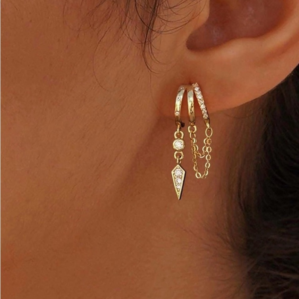 Gold CZ Spikes And Chain Hoop Earrings